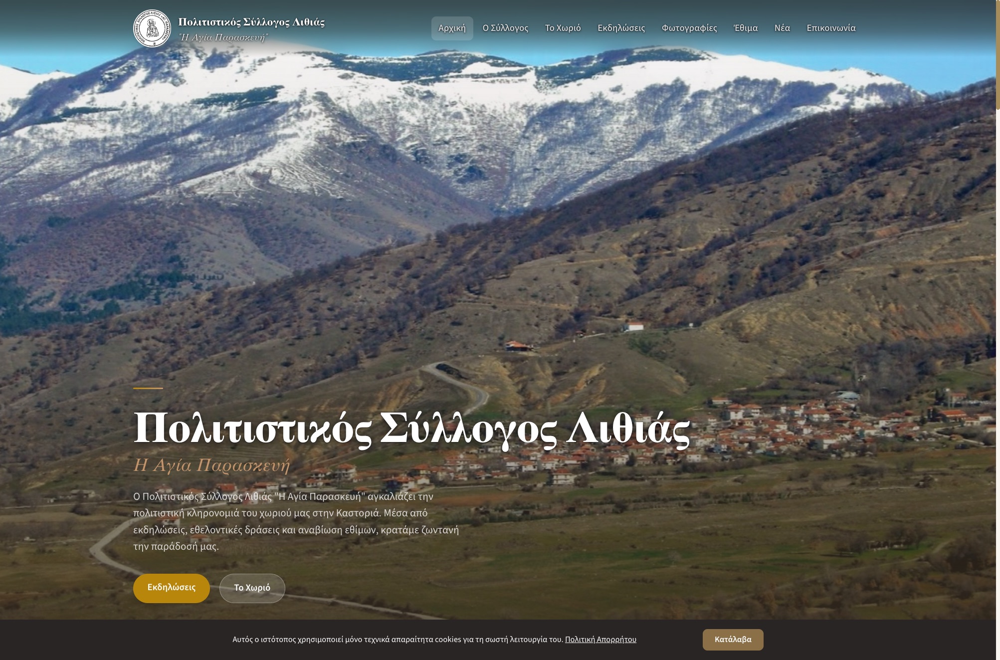 Live αρχική του syllogoslithias.gr, με πανόραμα της Λιθιάς και τα χιονισμένα βουνά